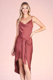 Brown Washed Poly Silk Tie Front Cowl Cami Dress