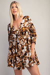 Brown Balloon Sleeve Flowy Dress