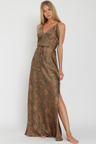 Brown Multi Paisley Print Belted Maxi Slip Dress