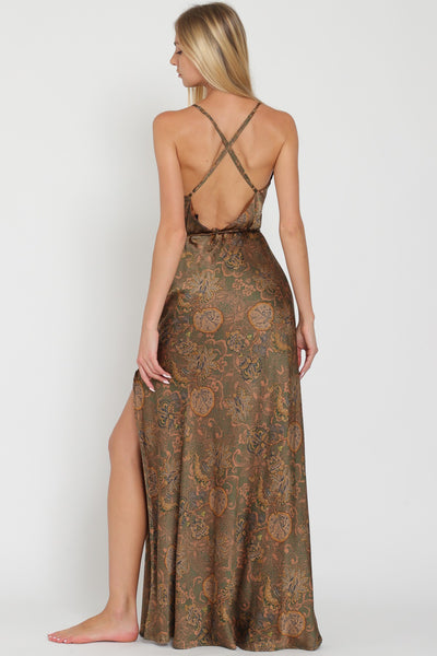 Brown Multi Paisley Print Belted Maxi Slip Dress