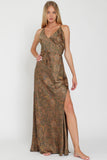 Brown Multi Paisley Print Belted Maxi Slip Dress