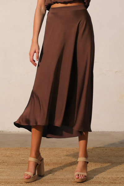 Mocha Washed Poly Silk Midi Swing Skirt