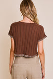 Brown Drop Shoulder Knit Top with Cream Contrast Stitching