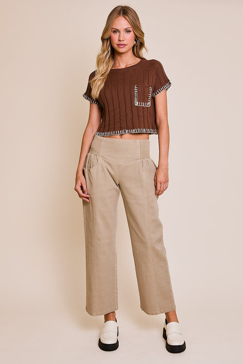 Brown Drop Shoulder Knit Top with Cream Contrast Stitching