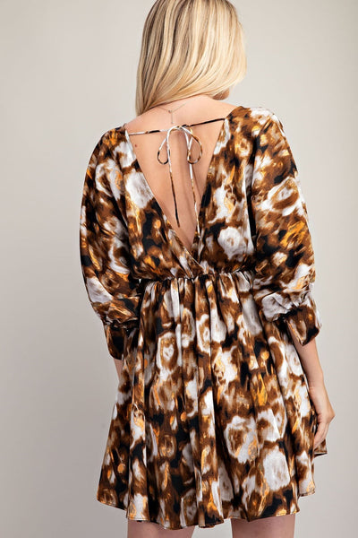 Brown Balloon Sleeve Flowy Dress