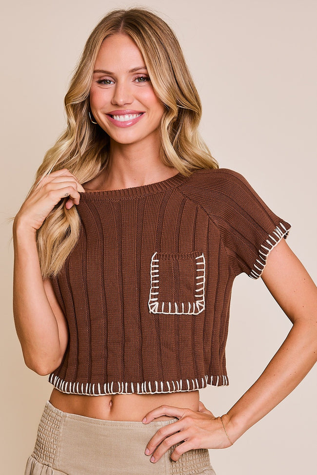 Brown Drop Shoulder Knit Top with Cream Contrast Stitching