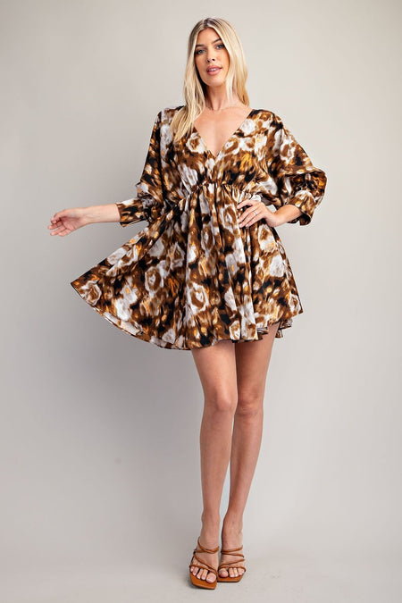 Golden Long Sleeve Fall Floral Printed Belted Maxi Dress