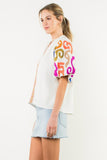Embroidered Puff Sleeve V-Neck Top