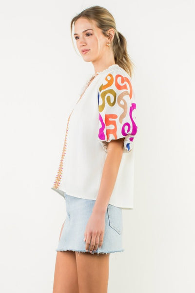 Embroidered Puff Sleeve V-Neck Top