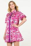 Puff Sleeve Contrast Trim Print Dress