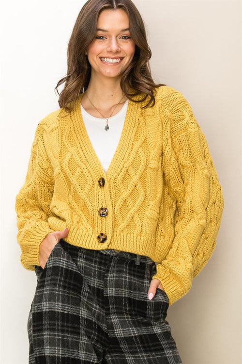Mustard Colored Oversized Cable Knit Cardigan Sweater