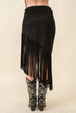 Black Colored Western Fringe Suede Unbalanced Midi Skirt
