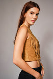 Camel Faux Suede Fringe Top