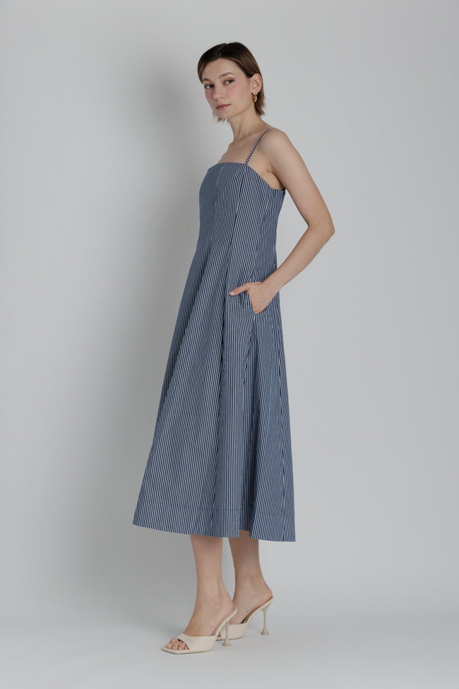 Blue Striped Panel Midi Dress
