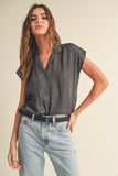 Charcoal Button Down Cap Sleeve Shirt