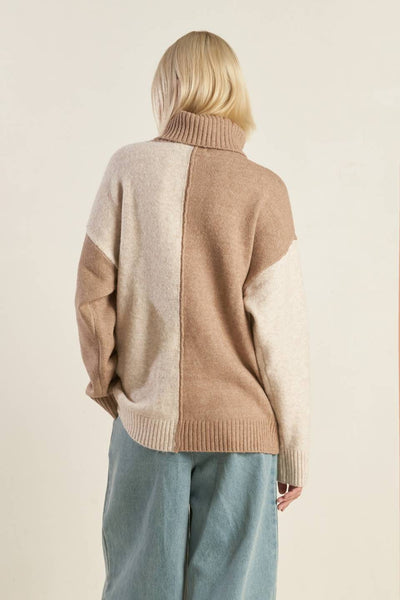 Mocha Color Block Turtle Neck Long Sleeve Sweater