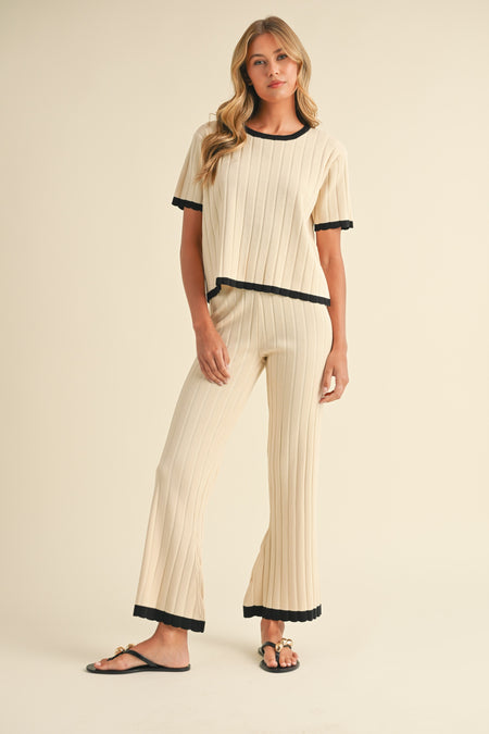 Black and White Heavy Ribbed Knit Contrast Pants