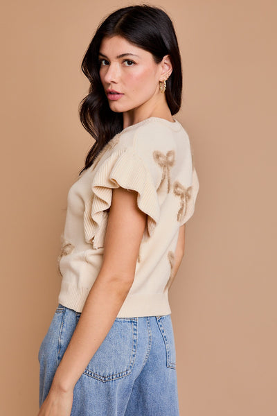 Cream & White Round Neck Ruffle Sleeve Bow Knit Top