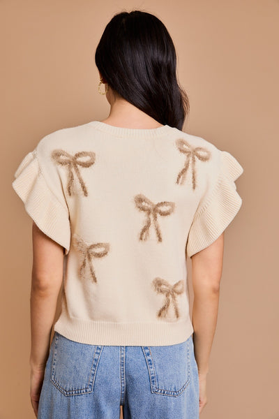 Cream & White Round Neck Ruffle Sleeve Bow Knit Top