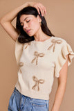 Cream & White Round Neck Ruffle Sleeve Bow Knit Top