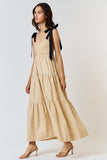 Cream and Black Shoulder Tie Smocked Maxi Dress