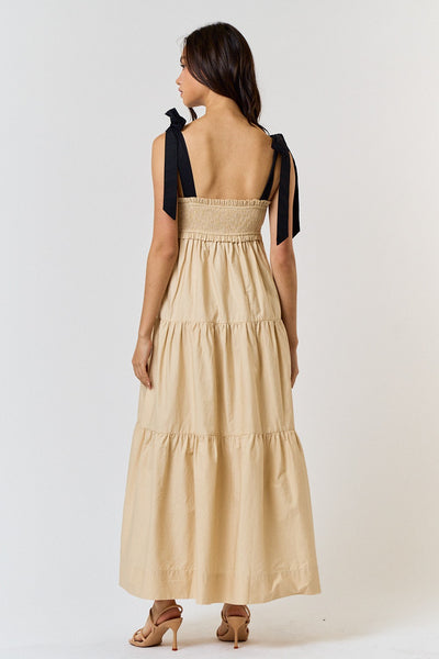 Cream and Black Shoulder Tie Smocked Maxi Dress