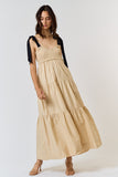 Cream and Black Shoulder Tie Smocked Maxi Dress