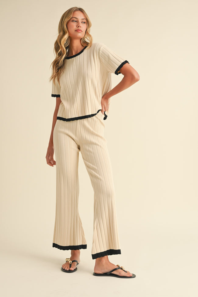 Cream & Black Contrast Ribbed Sweater Set