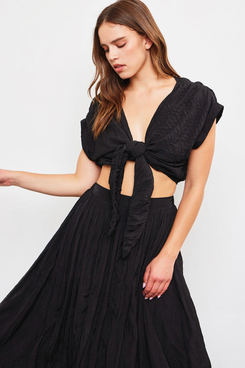 Black Woven Front Tie Crop Top