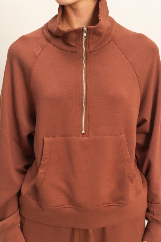 Double Knit Half Zip High Neck Collar Sweatshirt