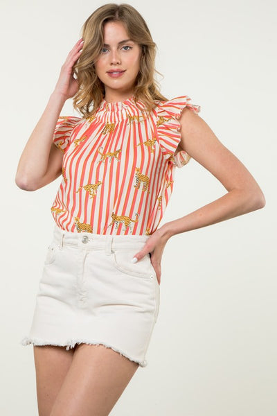 Coral Striped Cheetah Detail Blouse
