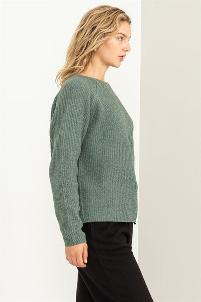 Washed Green Colored Ribbed Long Sleeve Sweater