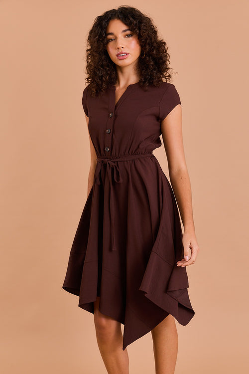 Dark Brown Short Sleeve Belted Midi Dress