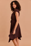 Dark Brown Short Sleeve Belted Midi Dress