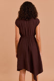 Dark Brown Short Sleeve Belted Midi Dress