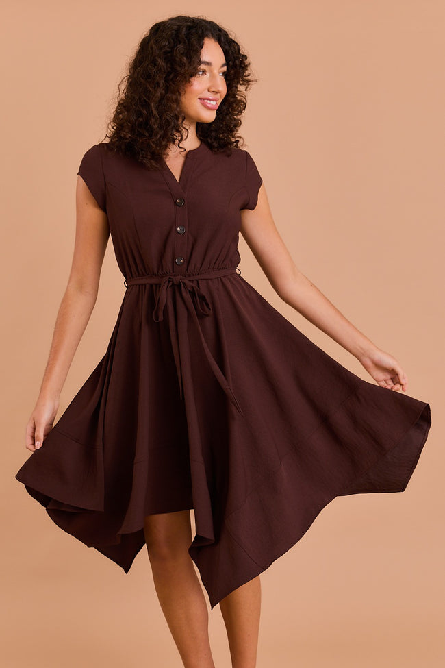 Dark Brown Short Sleeve Belted Midi Dress