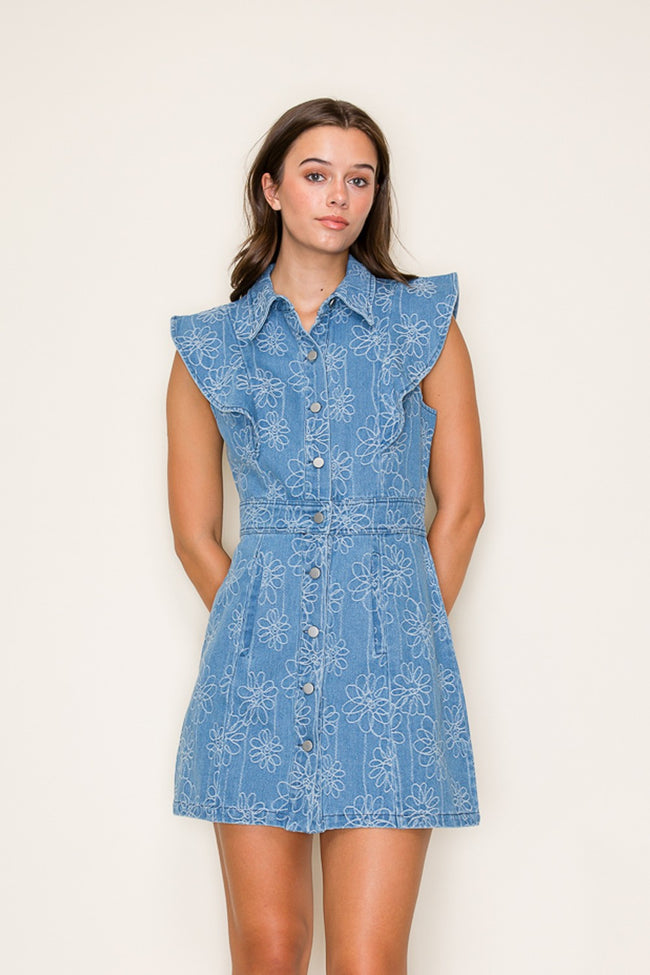 Denim Floral Ruffle Shoulder Mini Dress