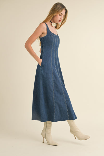 Dark Wash Denim Paneled Maxi Dress