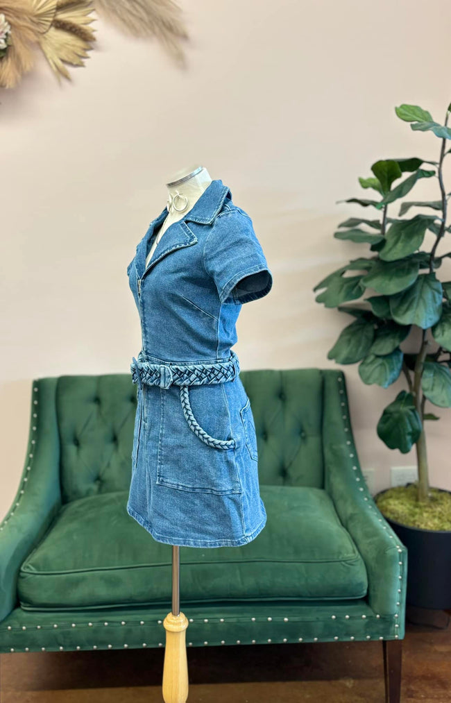 Medium Wash Denim Braided Trim Dress with Belt