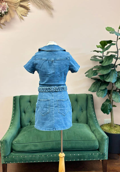 Medium Wash Denim Braided Trim Dress with Belt