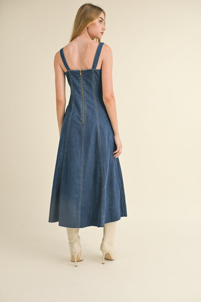 Dark Wash Denim Paneled Maxi Dress