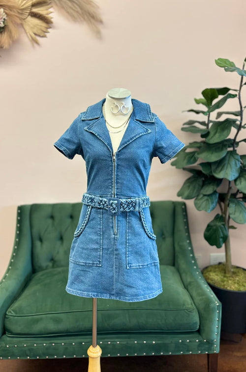 Medium Wash Denim Braided Trim Dress with Belt