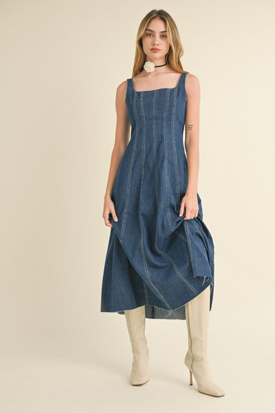 Dark Wash Denim Paneled Maxi Dress