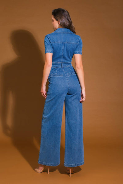 Indigo Washed Collared Denim Jumpsuit with Front Zipper