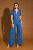 Indigo Washed Collared Denim Jumpsuit with Front Zipper