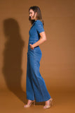 Indigo Washed Collared Denim Jumpsuit with Front Zipper