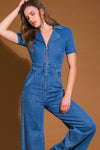 Indigo Washed Collared Denim Jumpsuit with Front Zipper