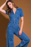 Indigo Washed Collared Denim Jumpsuit with Front Zipper