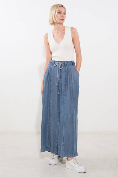 Blue Denim Washed Tencel Wide Leg Pant