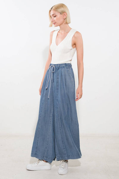 Blue Denim Washed Tencel Wide Leg Pant